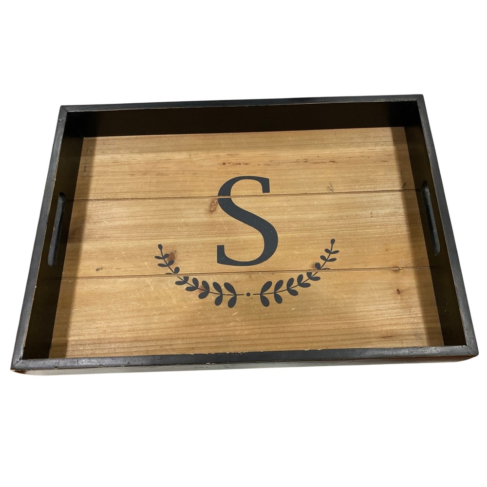Rustic Wood Monogram Letter S Serving Tray Black Frame with Handles Farmhouse